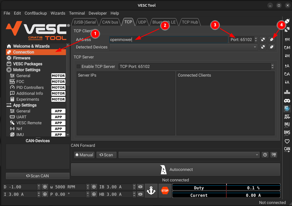 Connect VESC tool to ESC