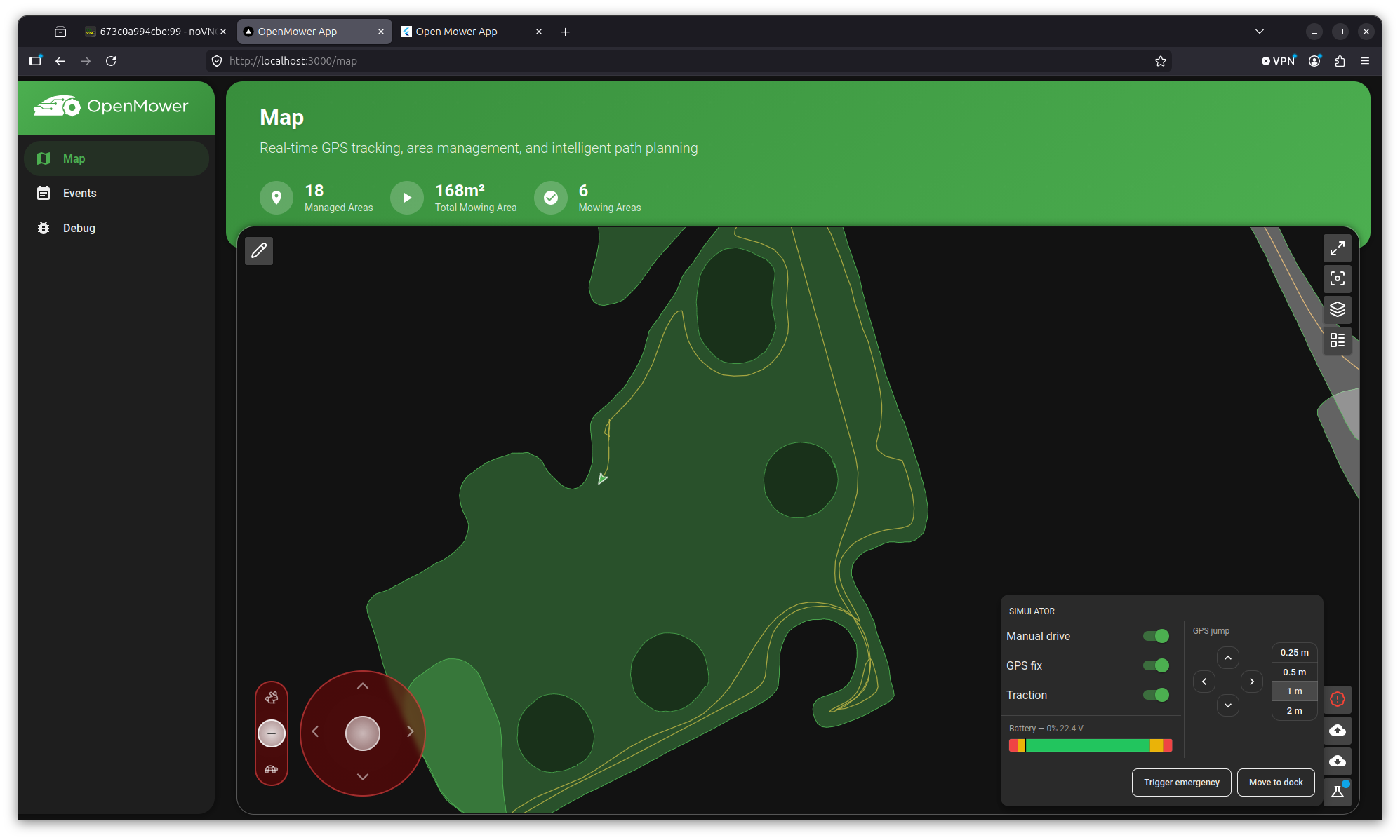 Sim-control test-state panel in the app